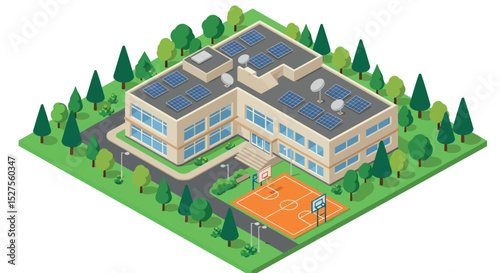 Modern eco-friendly school building with solar panels and basketball court in lush green setting vector illustration