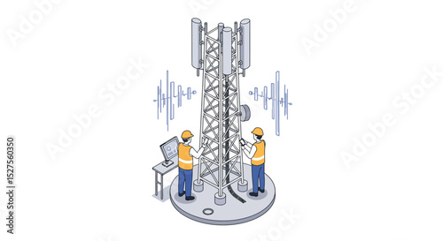Engineers working on telecommunications tower technology vector illustration
