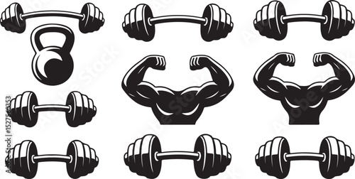 Fitness Weight Silhouette Set with Dumbbell Muscle Art Design, Perfect for Gym Strength Decor and Workout Power Illustration