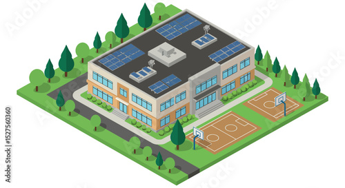 Modern school building with solar panels and outdoor basketball courts vector illustration