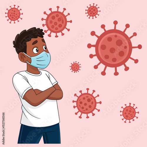 Young Man Wearing Face Mask Surrounded by Covid-19 Virus Coronavirus Safety Vector Illustration.