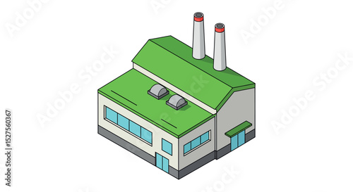 Isometric eco-friendly factory with green roof and chimneys vector illustration