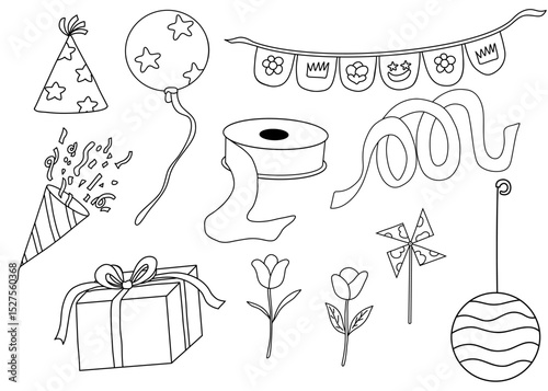 Party decoration outline celebration elements festive balloon gift box party hat ribbon roll confetti popper flower pinwheel hanging ornament banner with symbols joyful celebration icons