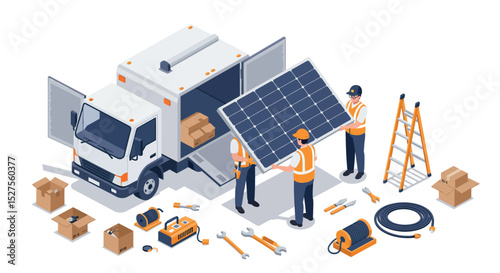 Team of technicians installing solar panels from truck with tools and equipment vector illustration