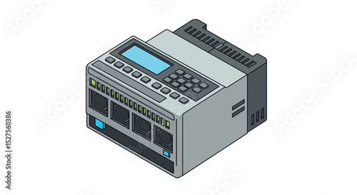 Industrial programmable logic controller with display and ports vector illustration