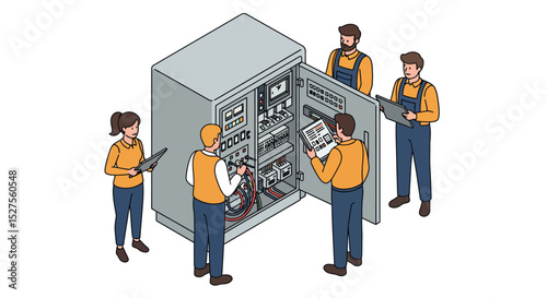 Team of technicians working on control panel installation vector illustration