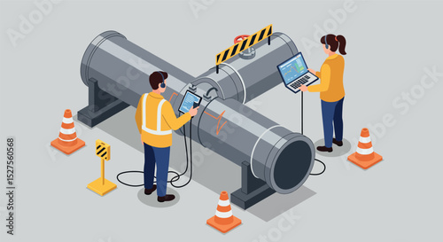 Two adults inspecting industrial pipeline with laptops and safety equipment vector illustration
