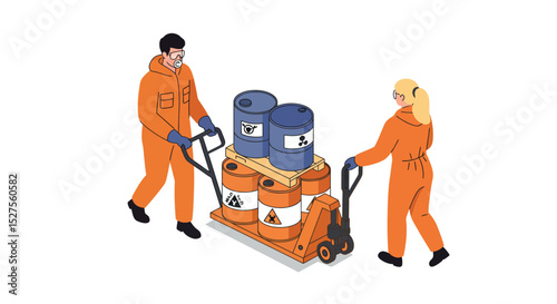 Male and female workers handling hazardous material in protective gear vector illustration
