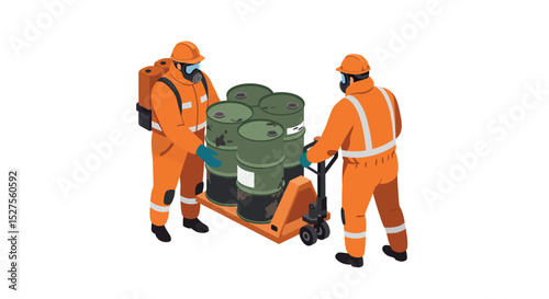 Two workers handling toxic waste barrels in protective gear vector illustration