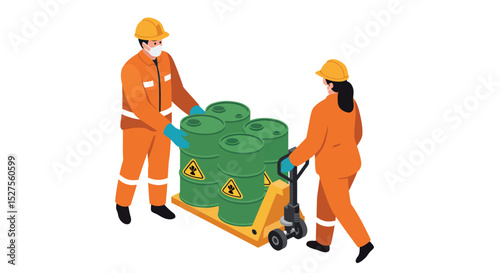 Safety team handling hazardous waste barrels in protective gear vector illustration