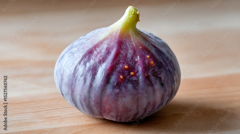 Fototapeta premium A single ripe fig with a purple exterior and green stem, resting on a wooden surface.