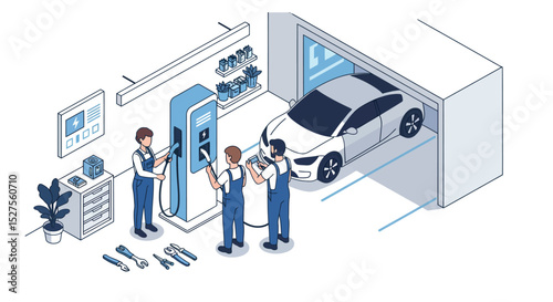 Young caucasian workers operating electric vehicle charging station in garage vector illustration