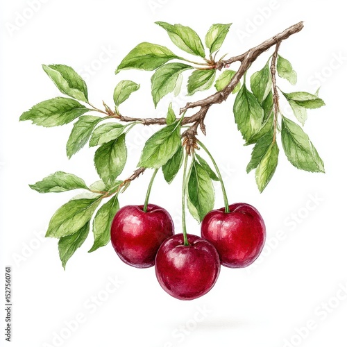 Watercolor painting of three red cherries hanging from a leafy tree branch.