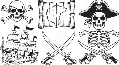 Pirate Treasure Silhouette Set with Ship Skull Map Art Design, Perfect for Adventure Plunder Decor and Nautical Voyage Illustration