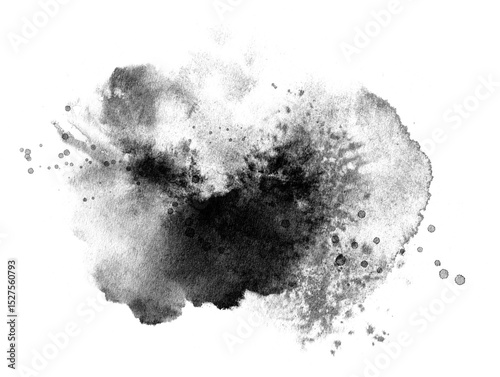 Fototapeta Naklejka Na Ścianę i Meble -  Abstract ink blob, grunge art. Black paint stroke texture on white paper in marble style. Wallpaper design. Hand drawn watercolor isolated illustration on white background