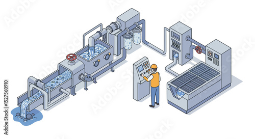 Industrial water treatment process with male operator managing equipment vector illustration