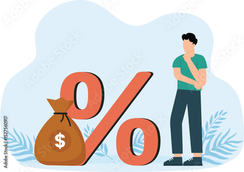 Tax payment and man standing beside a sack of money, debt payment and tax deduction concept

