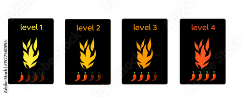 Vector icons showing four stages of chili pepper heat, symbolizing escalating spiciness or achievement levels. Great for culinary themes, games, and user interfaces