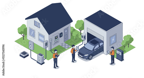 Smart home electric vehicle charging station with diverse professionals vector illustration