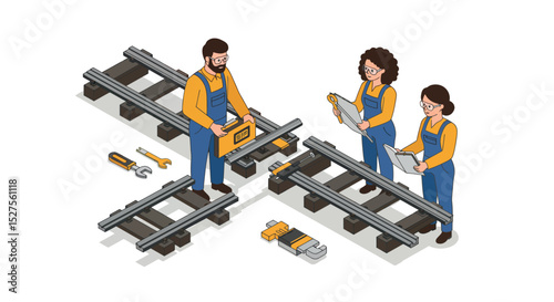 Team of engineers constructing railway track with tools and equipment vector illustration