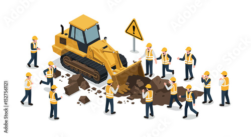 Construction workers coordinating around bulldozer at worksite vector illustration