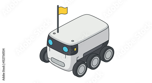 Six-wheeled autonomous delivery robot with flag on white background vector illustration