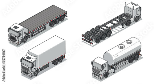 Isometric views of various trucks: flatbed, tanker, box, and skeleton vector illustration