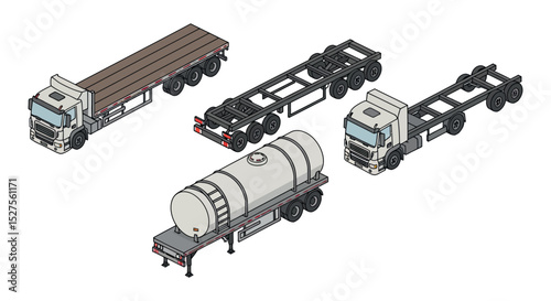 Isometric view of industrial trucks with flatbed, tanker, and chassis vector illustration