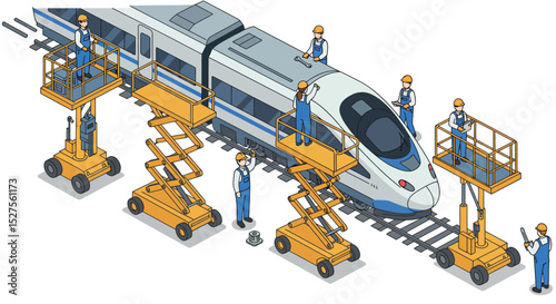 Engineers maintaining high-speed train with lifts on railway vector illustration
