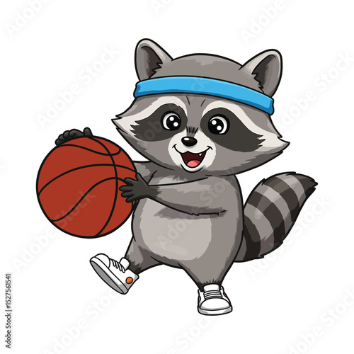 A Cute Raccoon Playing Basketball Wearing a Blue Headband Clipart - Cartoon Animal Athlete