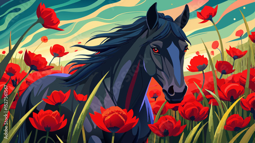 Majestic black horse amid a field of vibrant red poppies in moody light