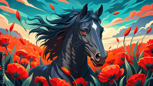 Majestic black horse amid a field of vibrant red poppies in moody light