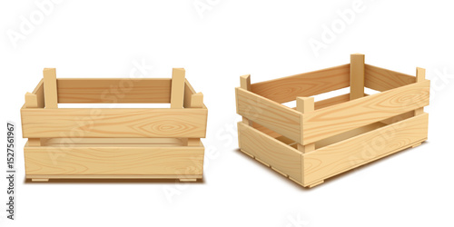 Set of realistic wooden crates with two boards on different sides.