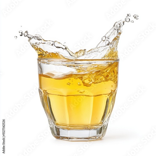 Golden liquid splashes from glass, isolated on white background in studio.
