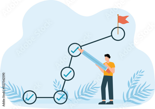 Strategic planning workflow or project progress, tracking business strategy steps brainstorming or competitor analysis, business success and business planning.
