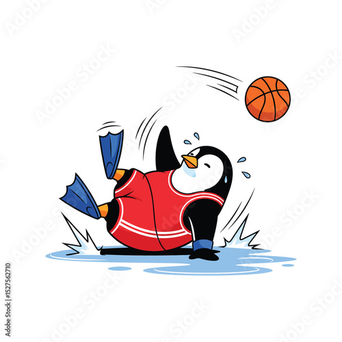 Funny Slipping Penguin Playing Basketball Clipart in Red Jersey with Dunk Attempt and Action Lines