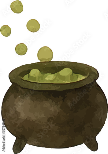 This mystical Halloween illustration depicts a black cauldron with swirling green potion and bubbles, evoking a witch's brew. Perfect for seasonal decorations, digital art, or spooky designs, 