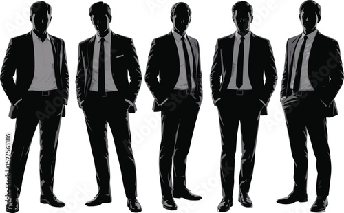 Silhouette of businessmen in suits, professional male group illustration, corporate team, leadership concept, confident men, formal wear, teamwork