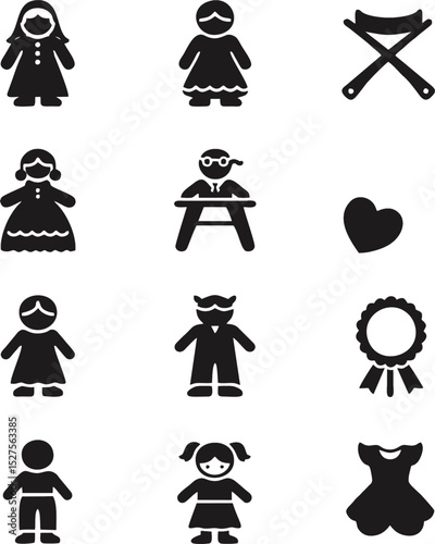 Dieses Set enthält eine Reihe vereinfachter Piktogramme, die verschiedene Personen und vertraute Objekte darstellen. Sie sind in einer kräftigen schwarzen Silhouette vor einem sauberen weißen Hintergr