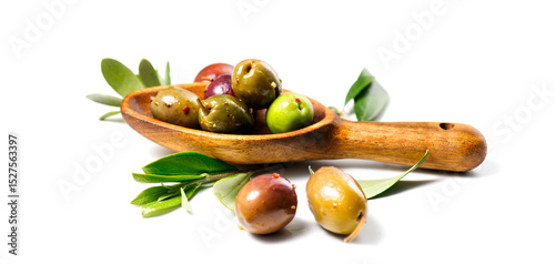 Fototapeta Naklejka Na Ścianę i Meble -  Olives in wooden spoon, homemade marinated colorful olives with herbs and spices isolated on white background, in a rustic wood spoon, closeup. Olive oil,  Healthy Mediterranean vegan food. 