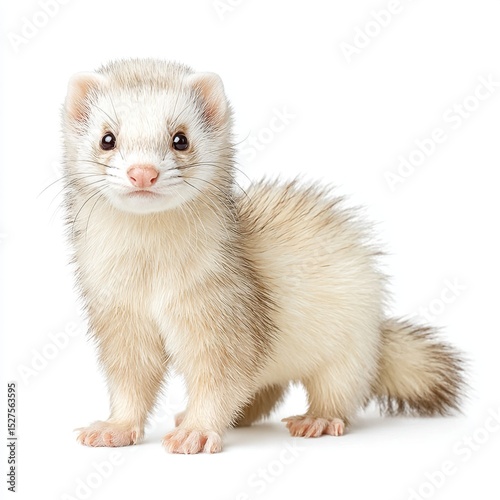 A cute ferret with light fur stands alertly against a white background.