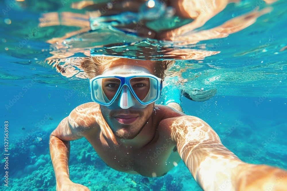 Naklejka premium Man exploring vibrant coral reef while snorkeling in a summer underwater adventure