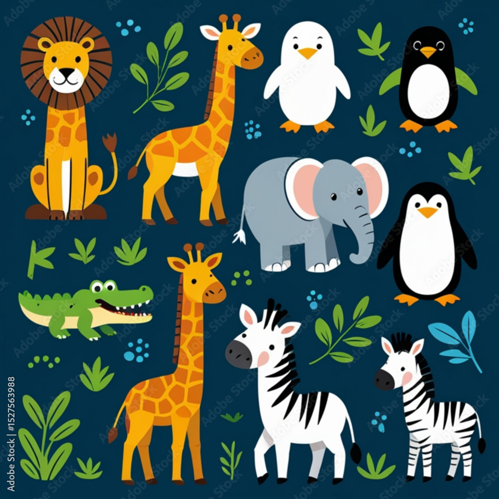 Naklejka premium Illustration of a lion, giraffes, penguins, elephant, zebras, and crocodile with leaves and dots created with generated ai