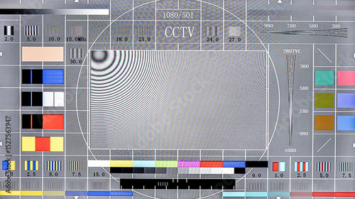 No Signal TV Test. Lcd Monitor. Flat Screen TV. Television Colored Bars Signal. SMPTE bars monoscope