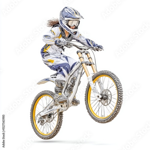 A female motocross rider is performing a wheelie on a dirt bike now .