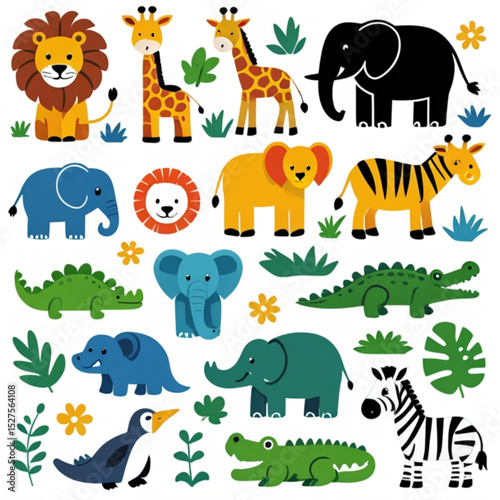 Illustration of cartoon jungle animals including lions elephants zebras giraffes and crocodiles arranged nicely created with generated ai