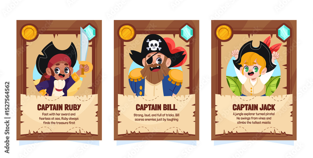 Fototapeta premium Pirates Adventures Cartoon Vertical Cards Set