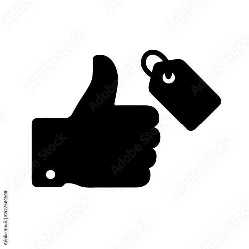 Thumbs up with price tag representing approved offer – solid black icon