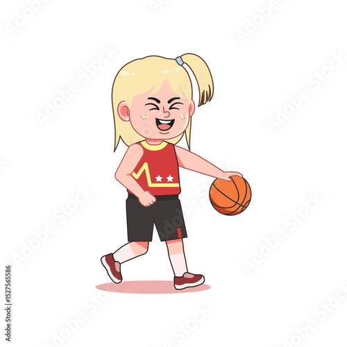 Blonde Cute Little Girl Cartoon Playing Basketball Happy Dribbling