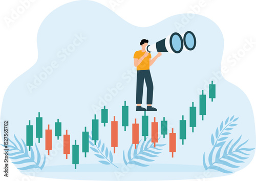Businessman looking through binoculars at a trading candlestick chart. Investment forecast or prediction, future profit on stock and crypto trading concept,
